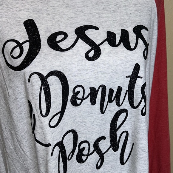 JESUS POSH & DONUTS HEATHER GRAY WITH RED SLEEVES RAGLAN TEE SHIRT TOP SPARKLE - Picture 3 of 9